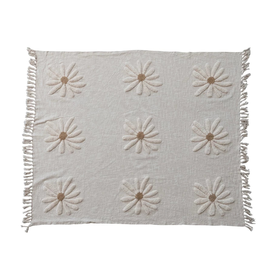 Cotton Slub Throw with Tufted Flowers & Fringe, Natural & Tan Color