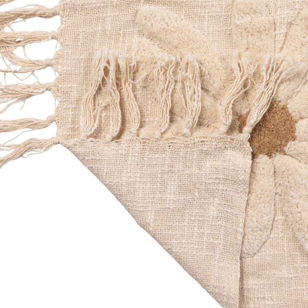 Cotton Slub Throw with Tufted Flowers & Fringe, Natural & Tan Color