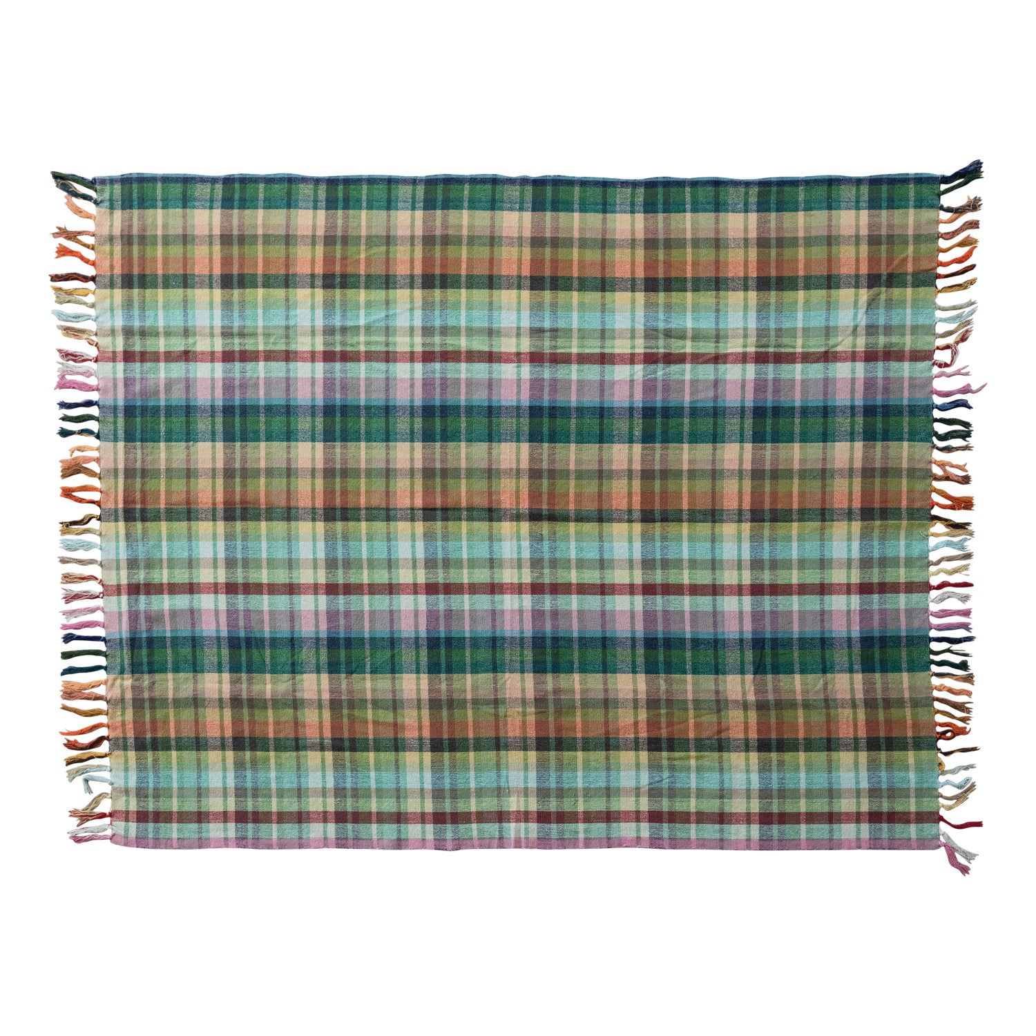 Woven Cotton Throw with Pattern & Fringe Plaid