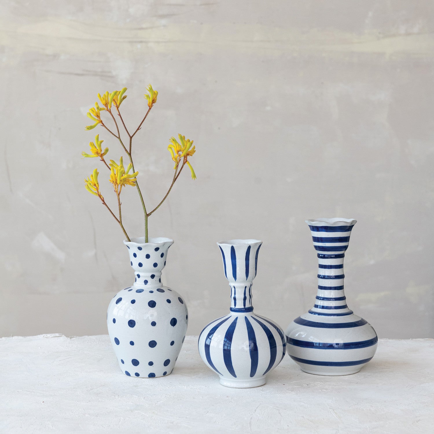 Hand-Painted Stoneware Vase with Dots/Stripes, 3 Styles