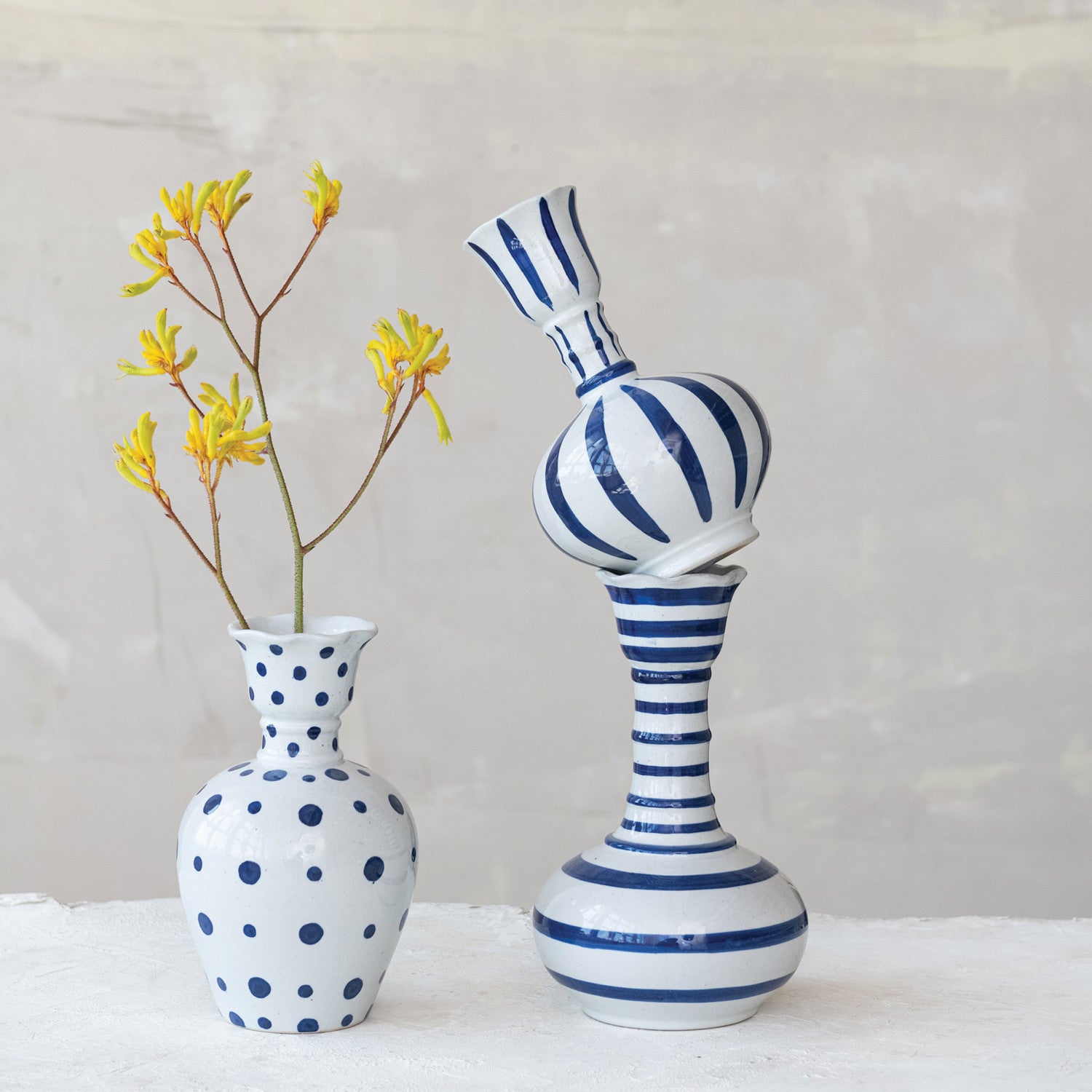 Hand-Painted Stoneware Vase with Dots/Stripes, 3 Styles