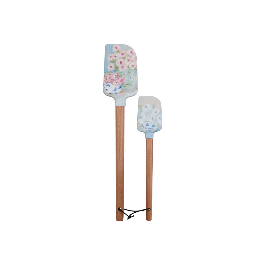 Silicone & Wood Spatulas with Floral Pattern