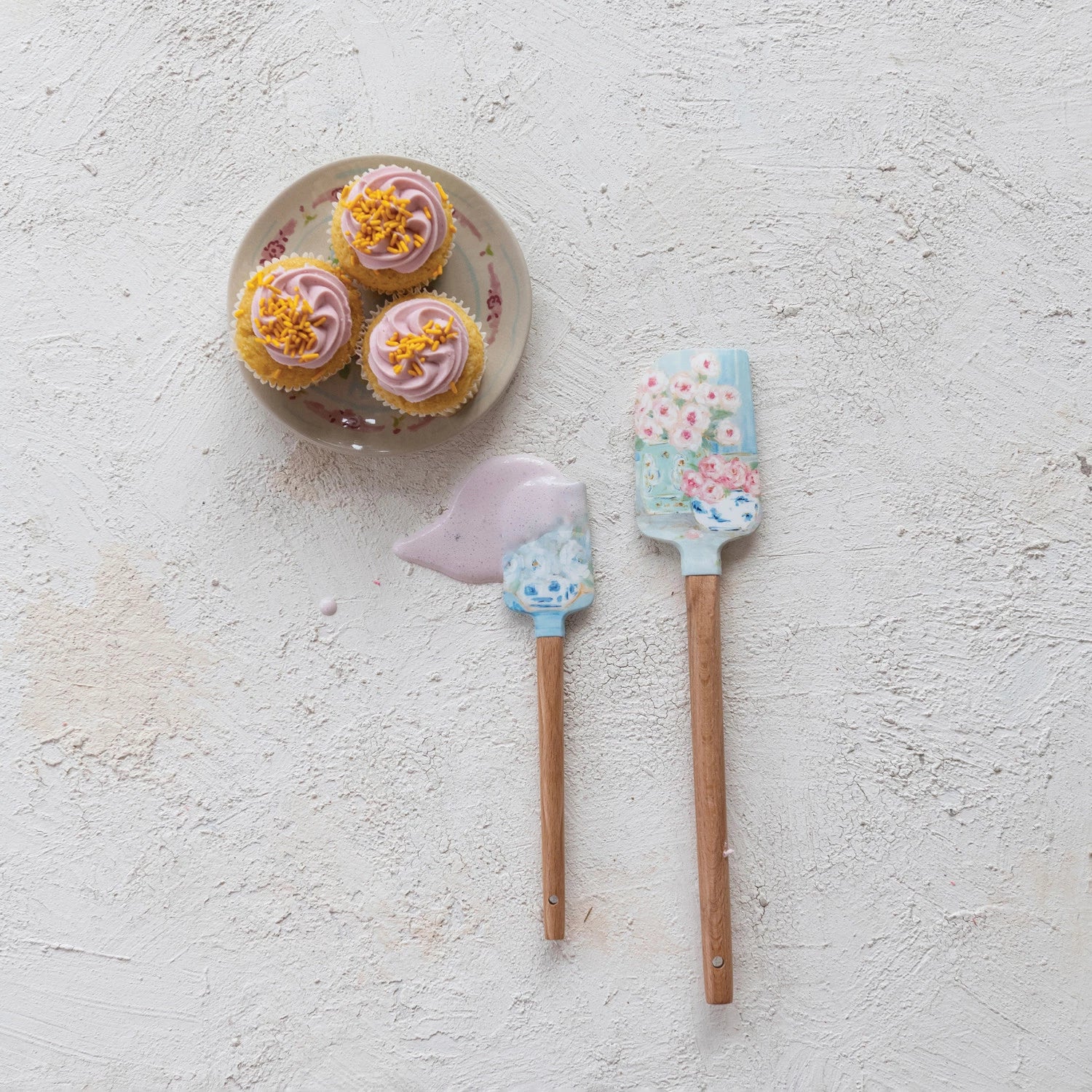 Silicone & Wood Spatulas with Floral Pattern
