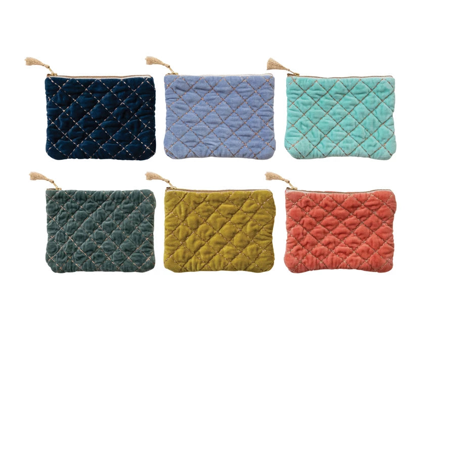 Quilted Cotton Velvet Zip Pouch with Metallic Thread Embroidery & Tassel