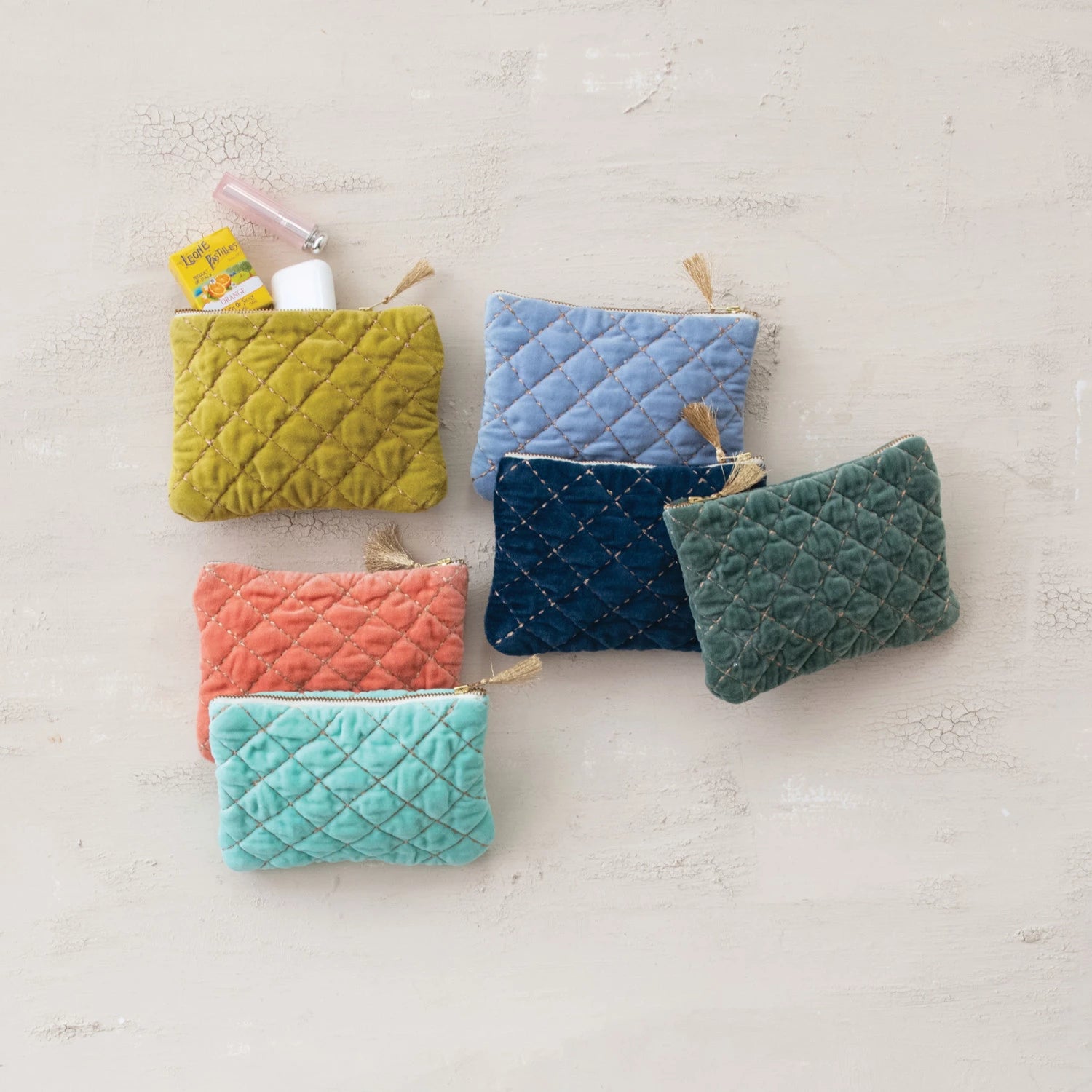 Quilted Cotton Velvet Zip Pouch with Metallic Thread Embroidery & Tassel