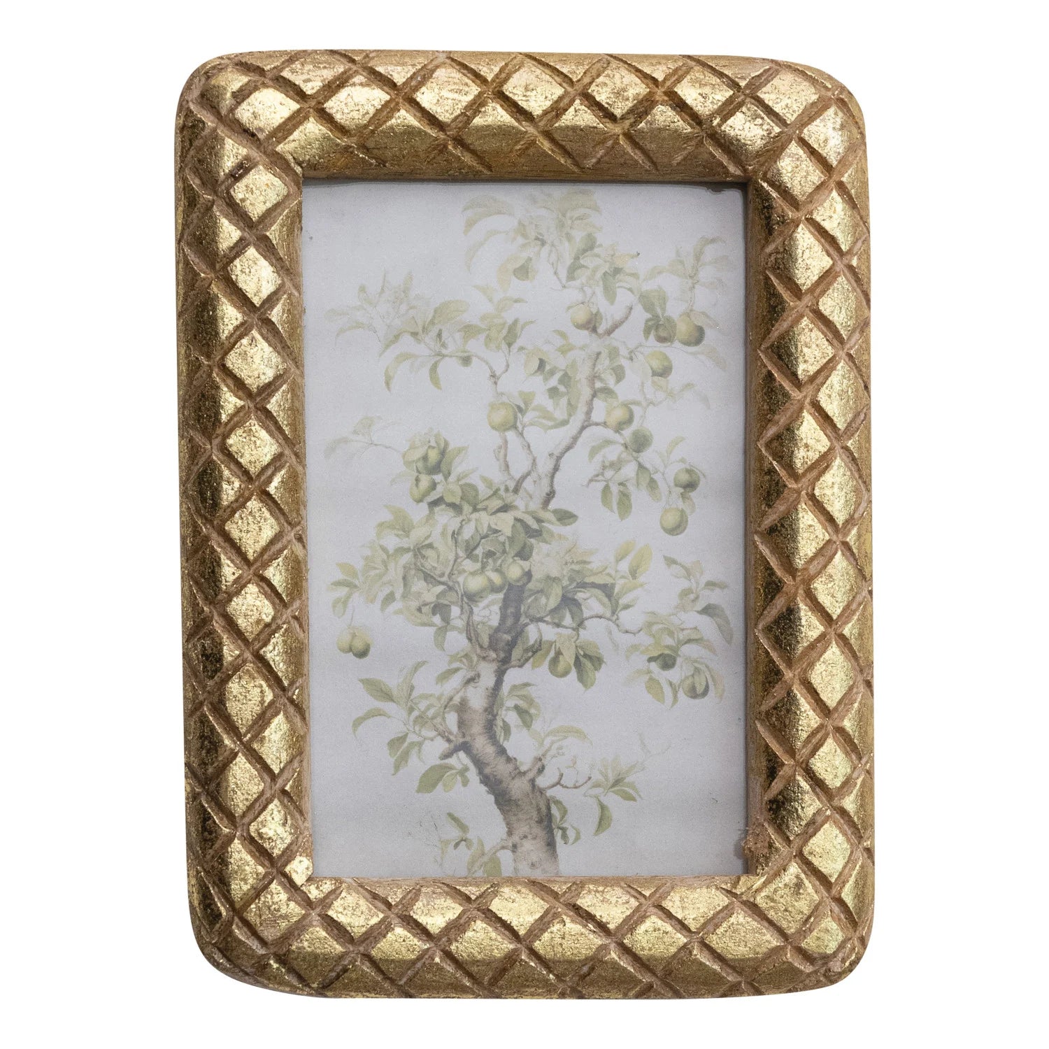 Carved Mango Wood Photo Frame with Diamond Pattern, Gold Foil Finish (Holds 4" x 6" Photo)
