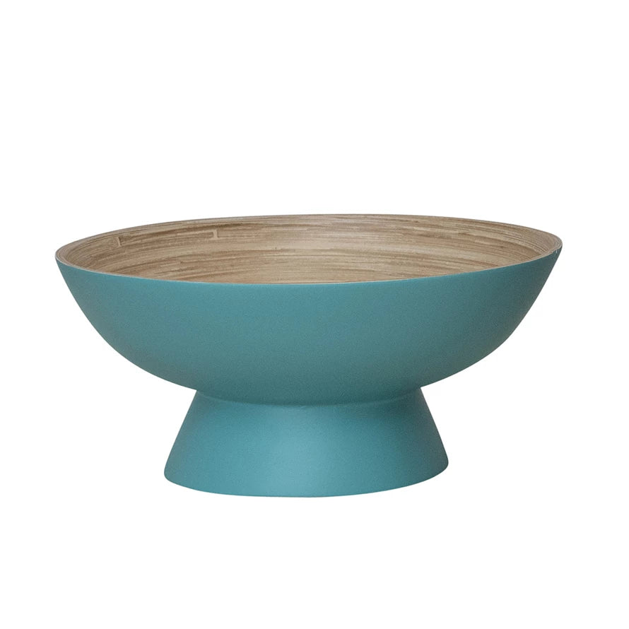 Bamboo Footed Bowl with Natural Finish Inside, Matte Blue