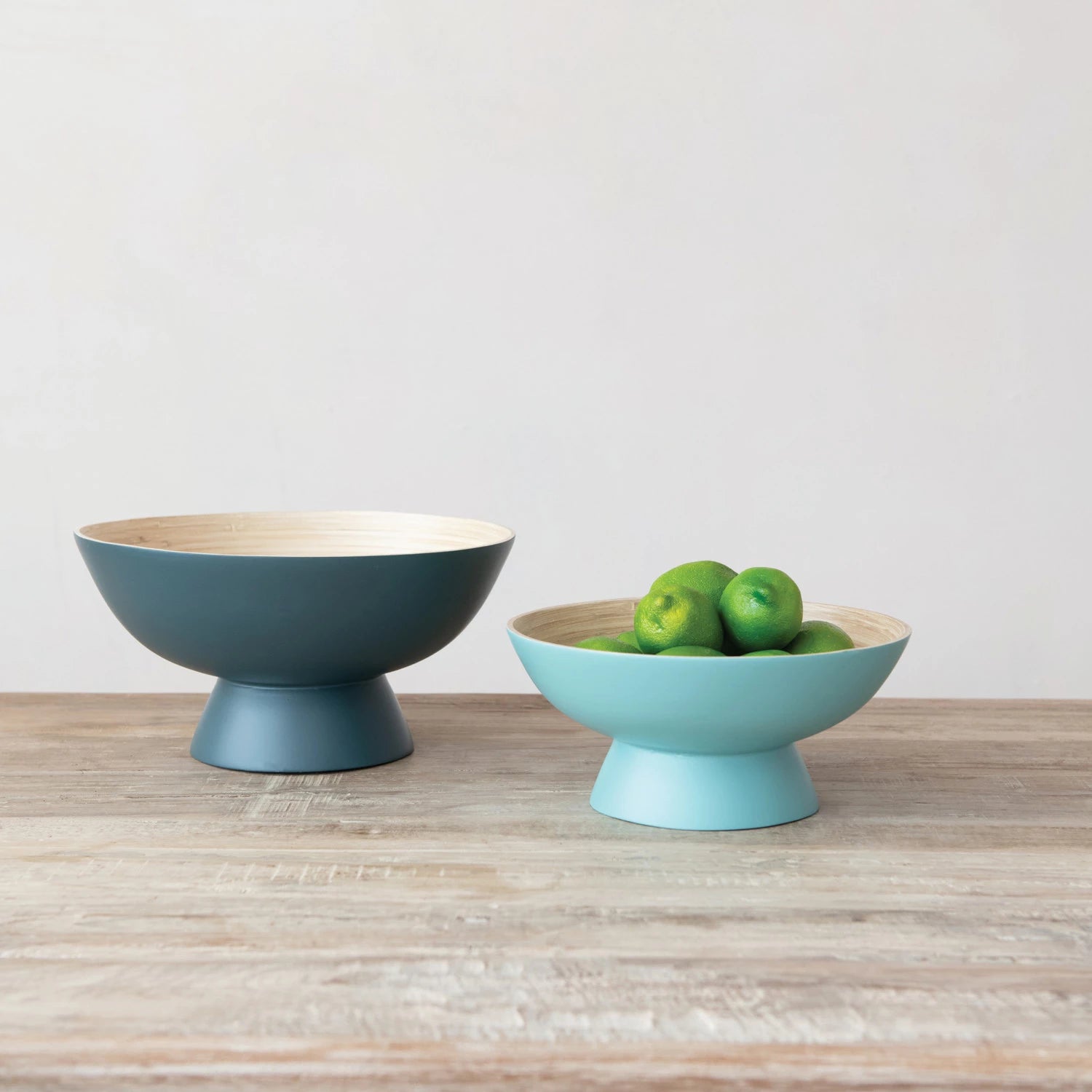 Bamboo Footed Bowl with Natural Finish Inside, Matte Blue