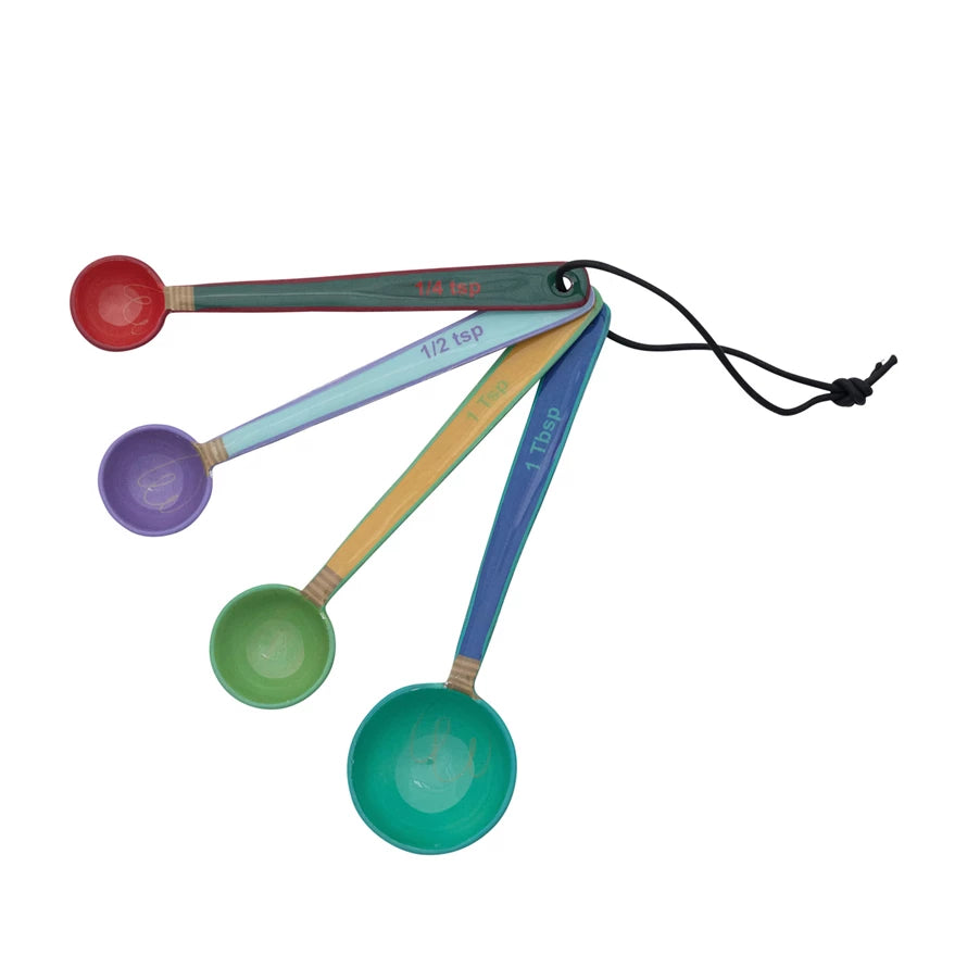 Enameled Stainless Steel Measuring Spoons with Colored Edge & Leather Tie