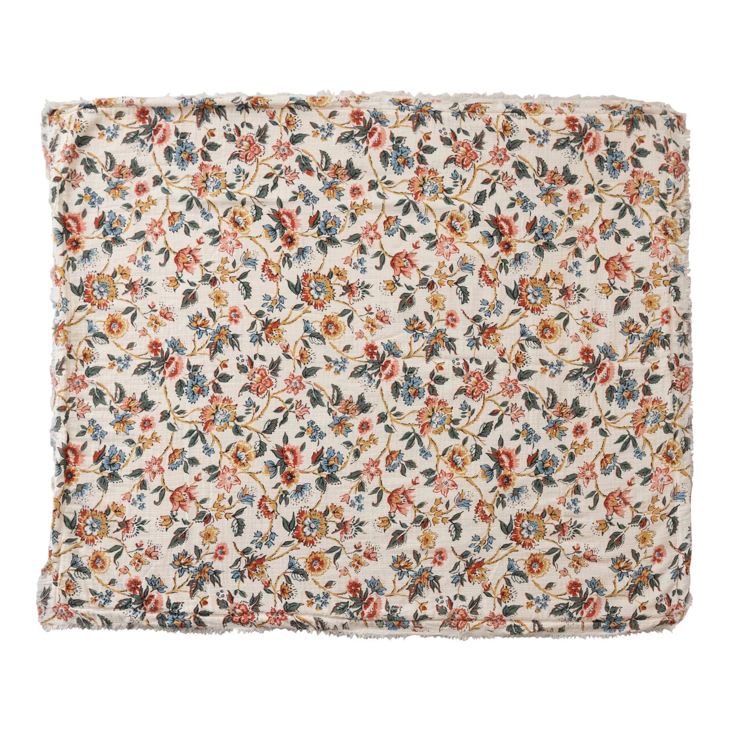 Woven Cotton Printed Throw with Sherpa Back, Flower Pattern & Fringe