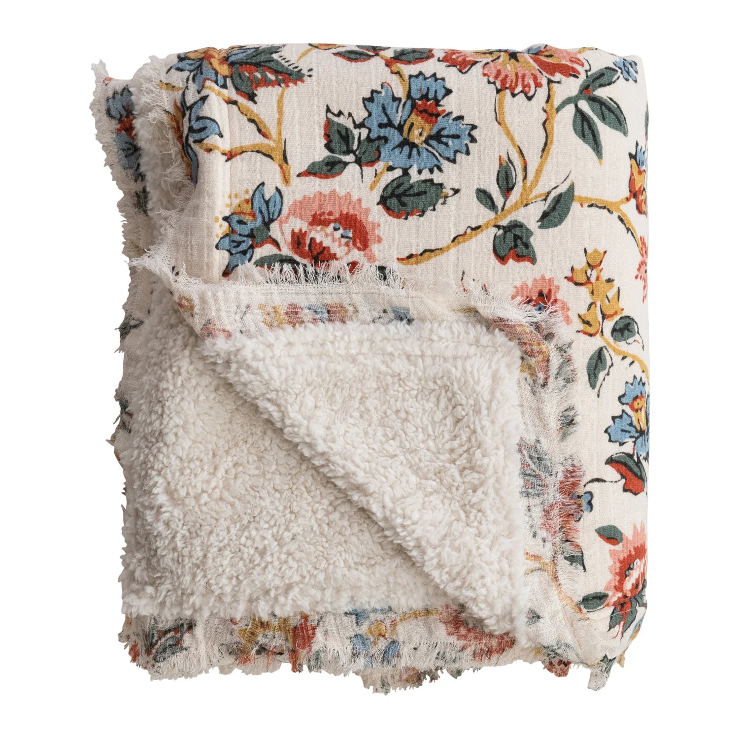 Woven Cotton Printed Throw with Sherpa Back, Flower Pattern & Fringe