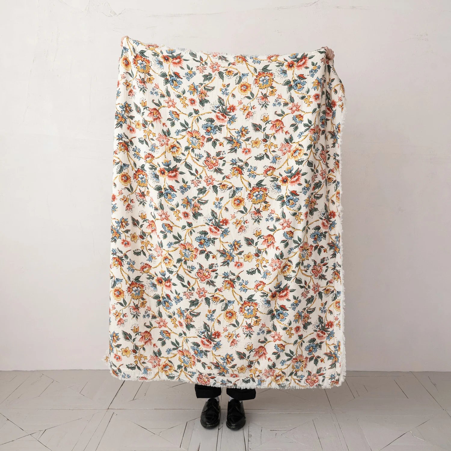 Woven Cotton Printed Throw with Sherpa Back, Flower Pattern & Fringe