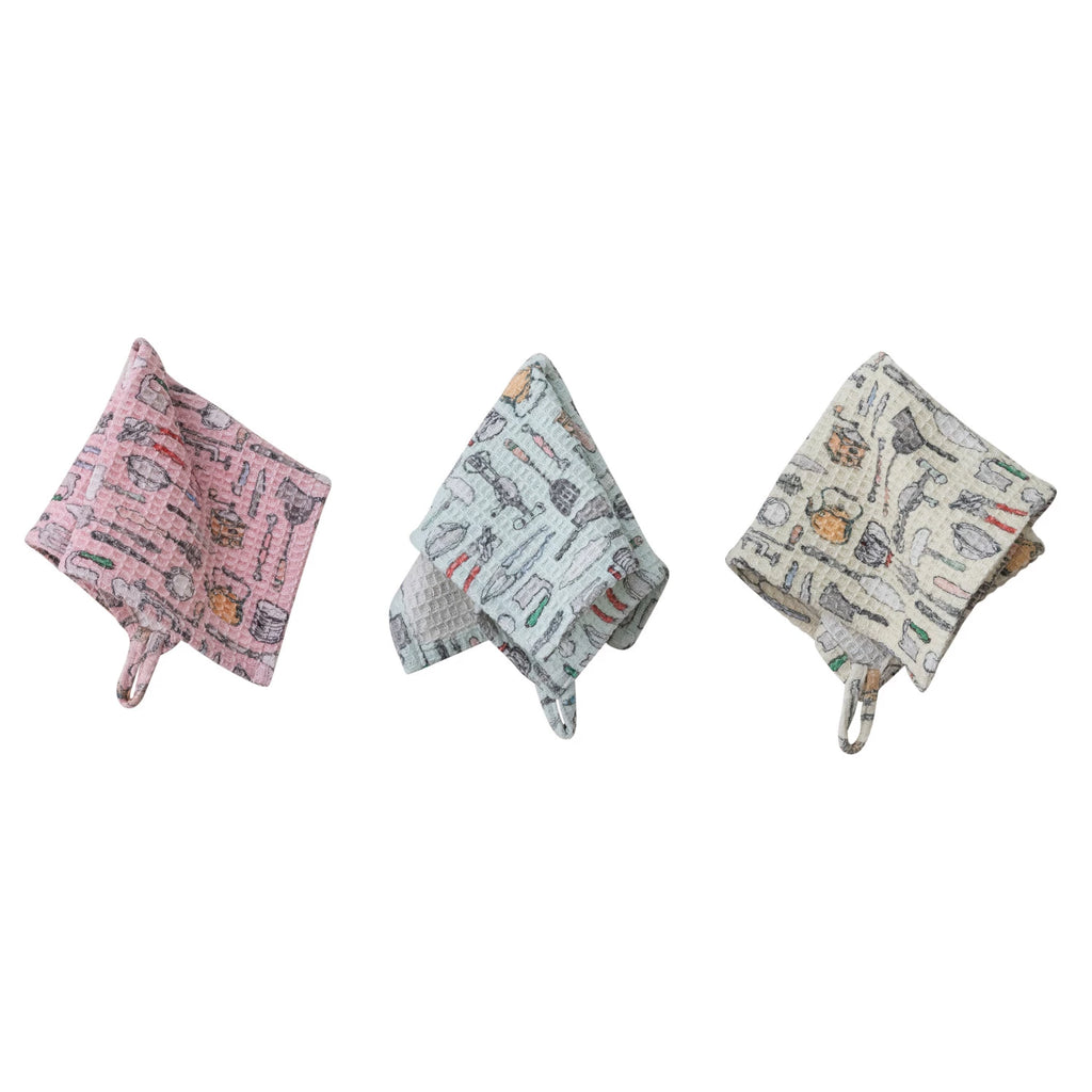 Cotton Blend Printed Waffle Weave Dish Cloth With Kitchen Tools Pattern, 3 Styles