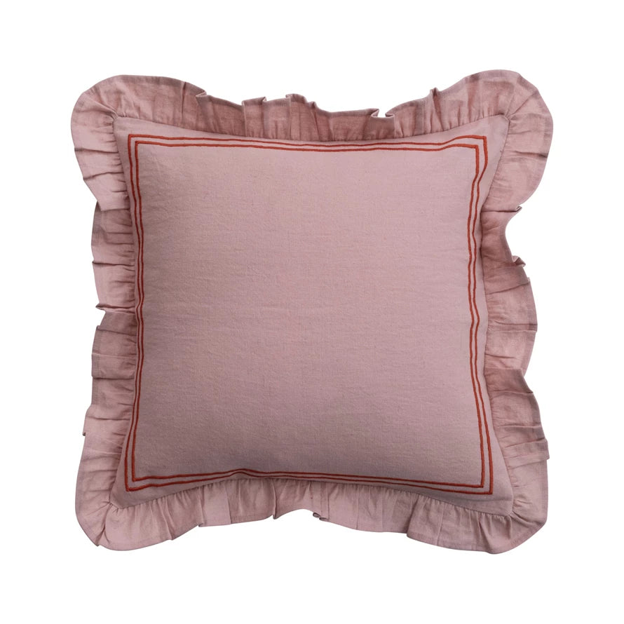 Cotton & Linen Pillow with Embroidered Stripes & Ruffle, Pink & Coral Color