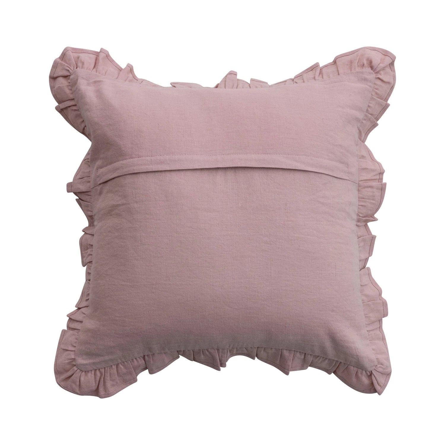 Cotton & Linen Pillow with Embroidered Stripes & Ruffle, Pink & Coral Color