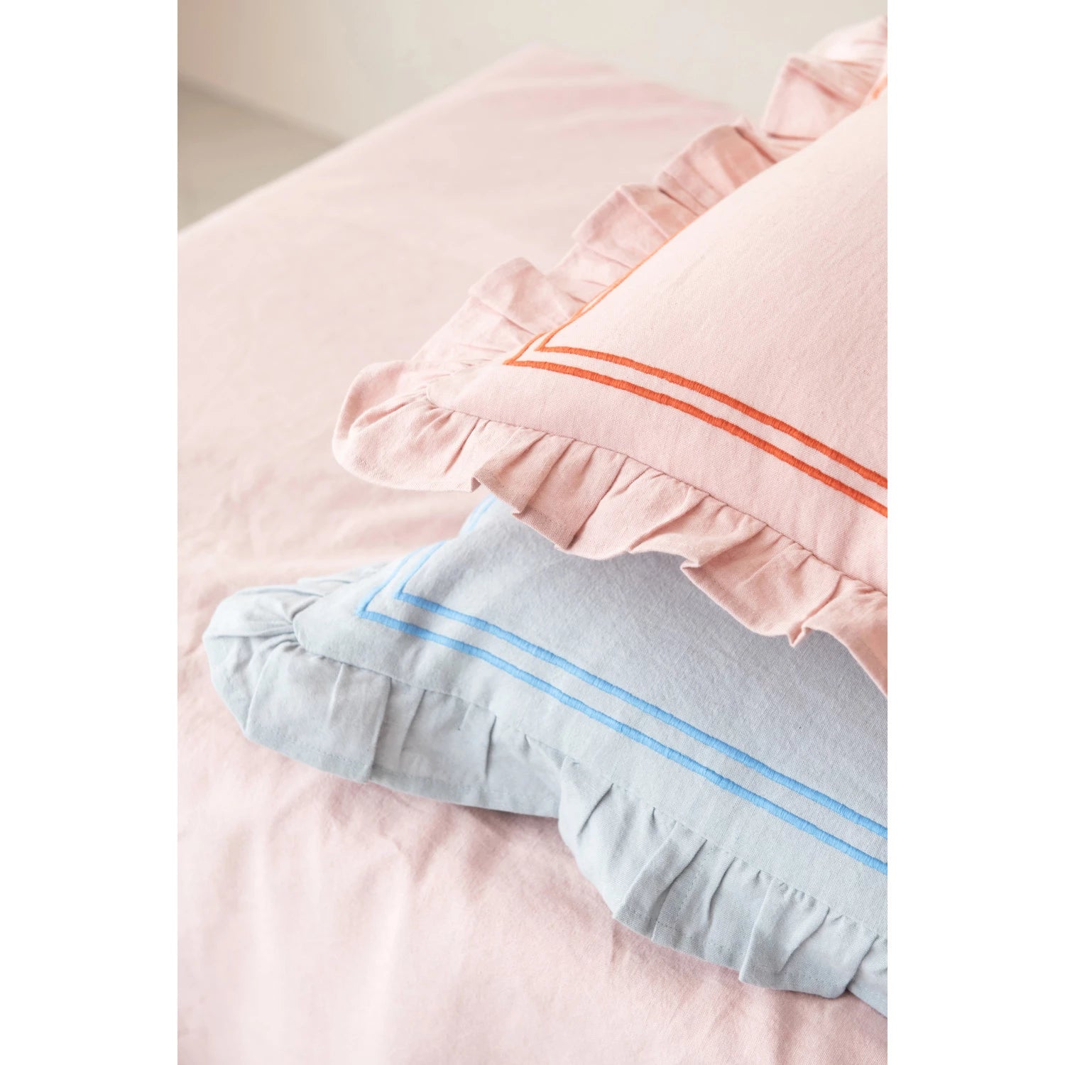 Cotton & Linen Pillow with Embroidered Stripes & Ruffle, Pink & Coral Color