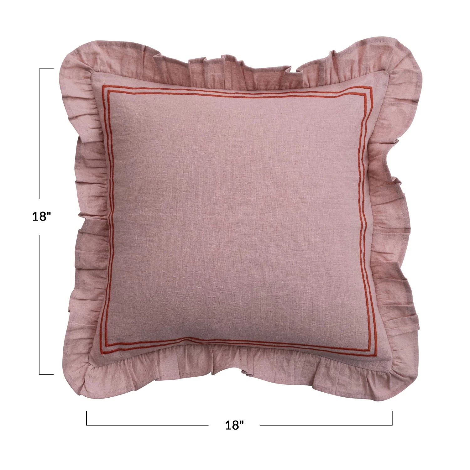 Cotton & Linen Pillow with Embroidered Stripes & Ruffle, Pink & Coral Color