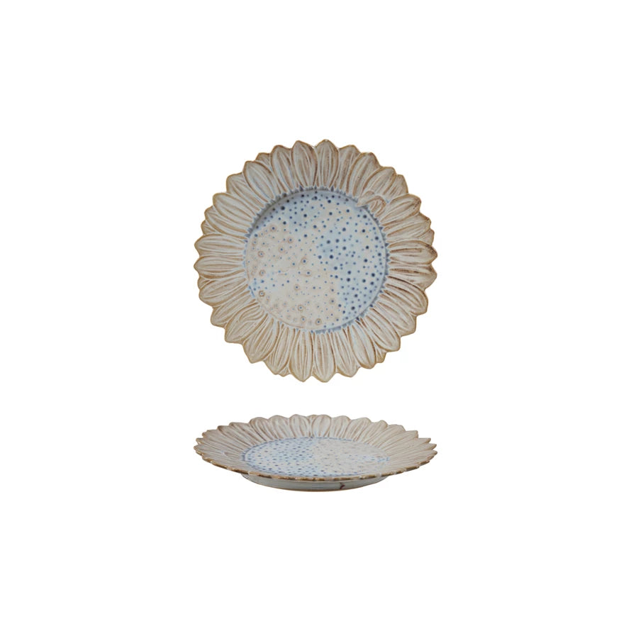 Stoneware Flower Shaped Plate, Reactive Glaze, White & Blue