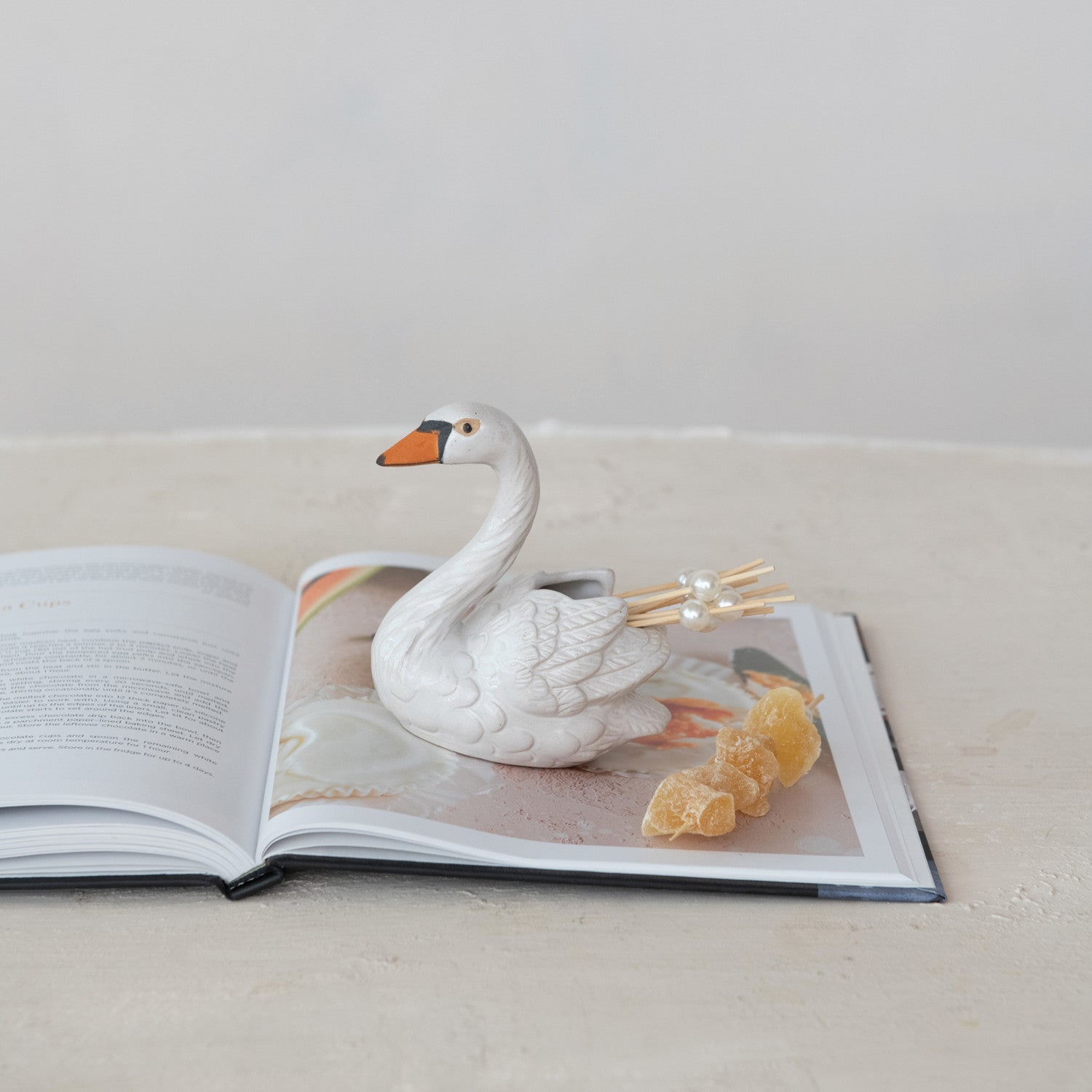 Stoneware Swan Shaped Toothpick Holder, White, Orange Color & Black