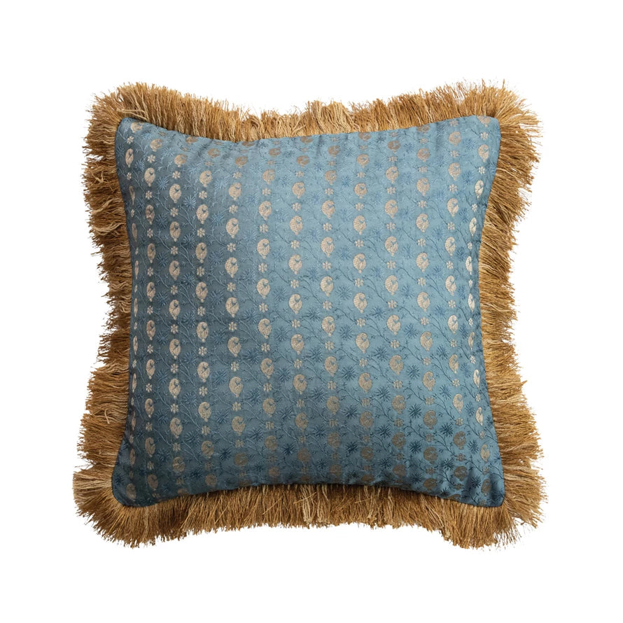 Fabric Blend Jacquard Printed Pillow with Brocade Pattern, Eyelash Fringe & Velvet Back