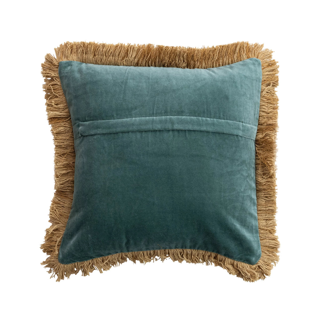 Fabric Blend Jacquard Printed Pillow with Brocade Pattern, Eyelash Fringe & Velvet Back