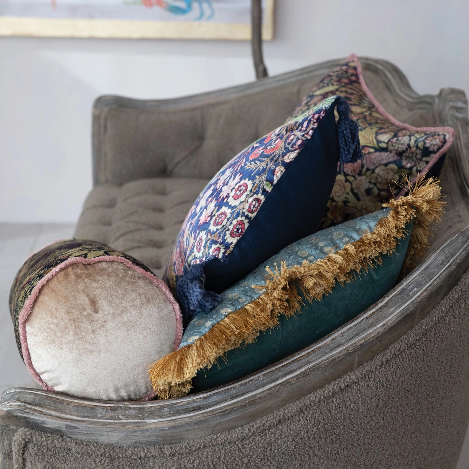 Fabric Blend Jacquard Printed Pillow with Brocade Pattern, Eyelash Fringe & Velvet Back