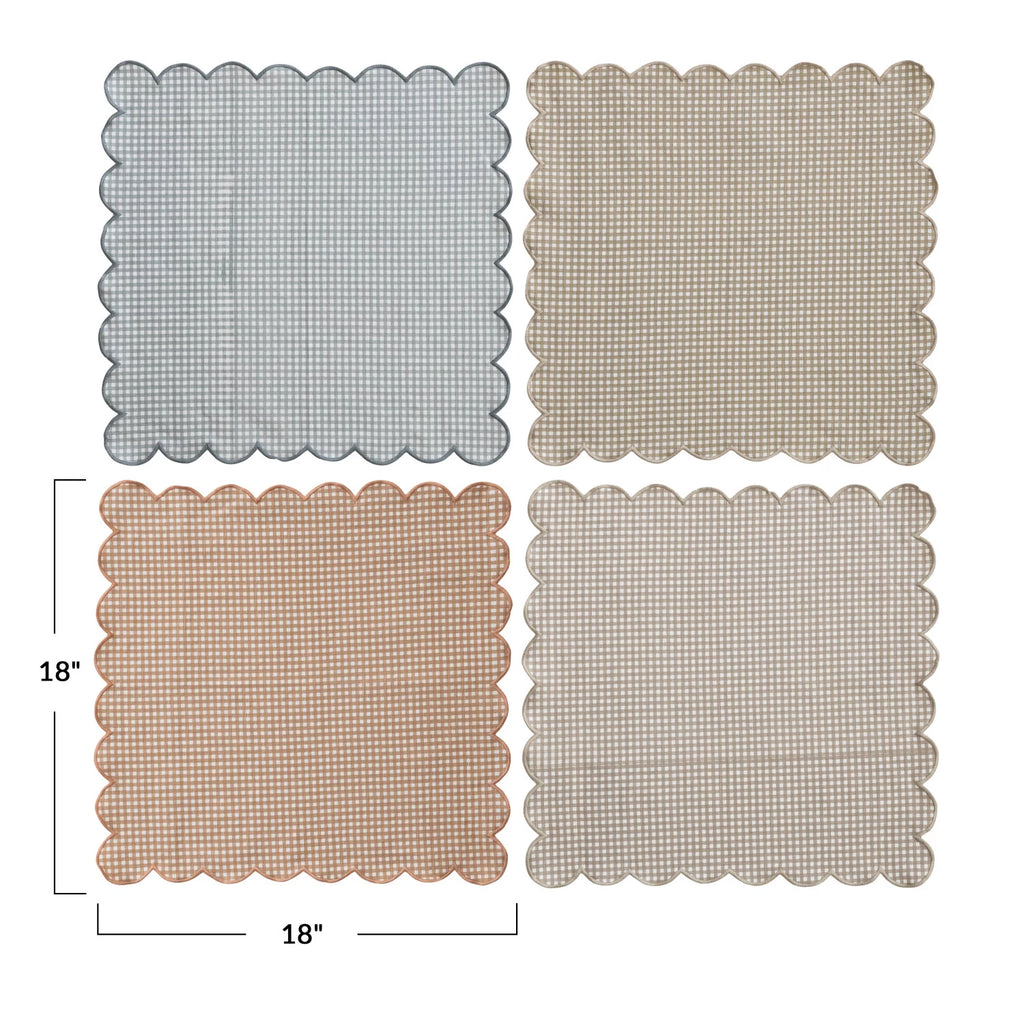 Cotton Printed Scalloped Napkins With Check Pattern & Stitched Edge, Set of 4 Tied w/ Jute