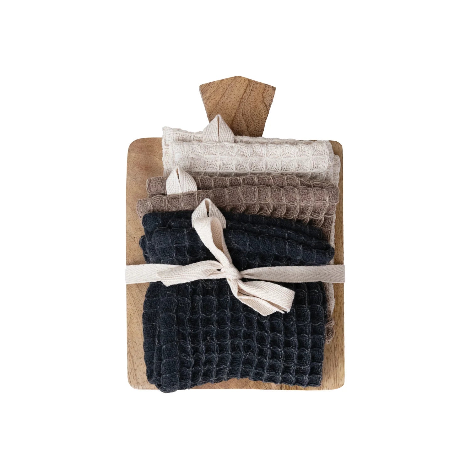 (3) Waffle Weave Dish Cloths w/ Cheese/Serving Board, Set of 4 Tied with Cotton Tape
