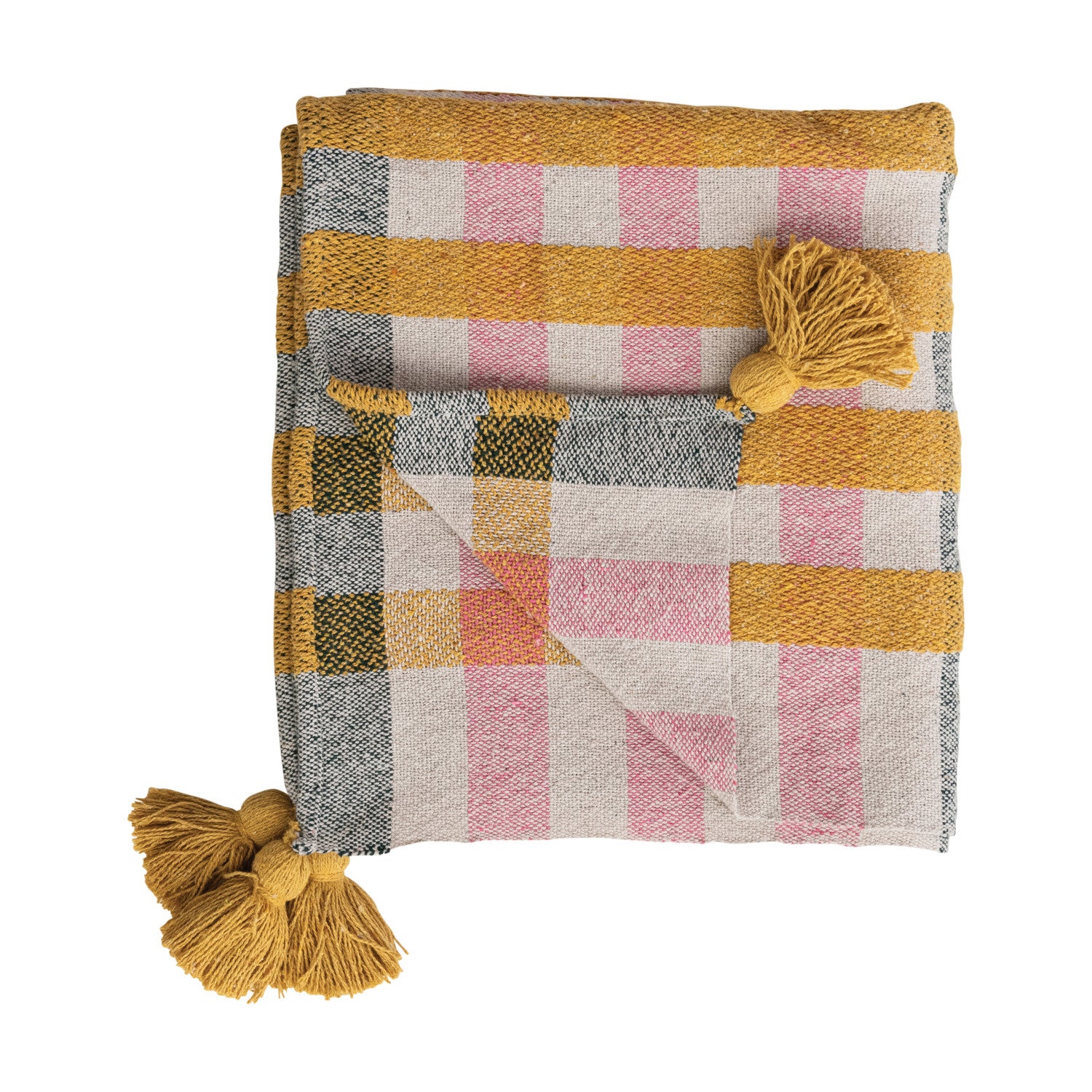 Woven Recycled Cotton Jacquard Throw with Tassels Plaid