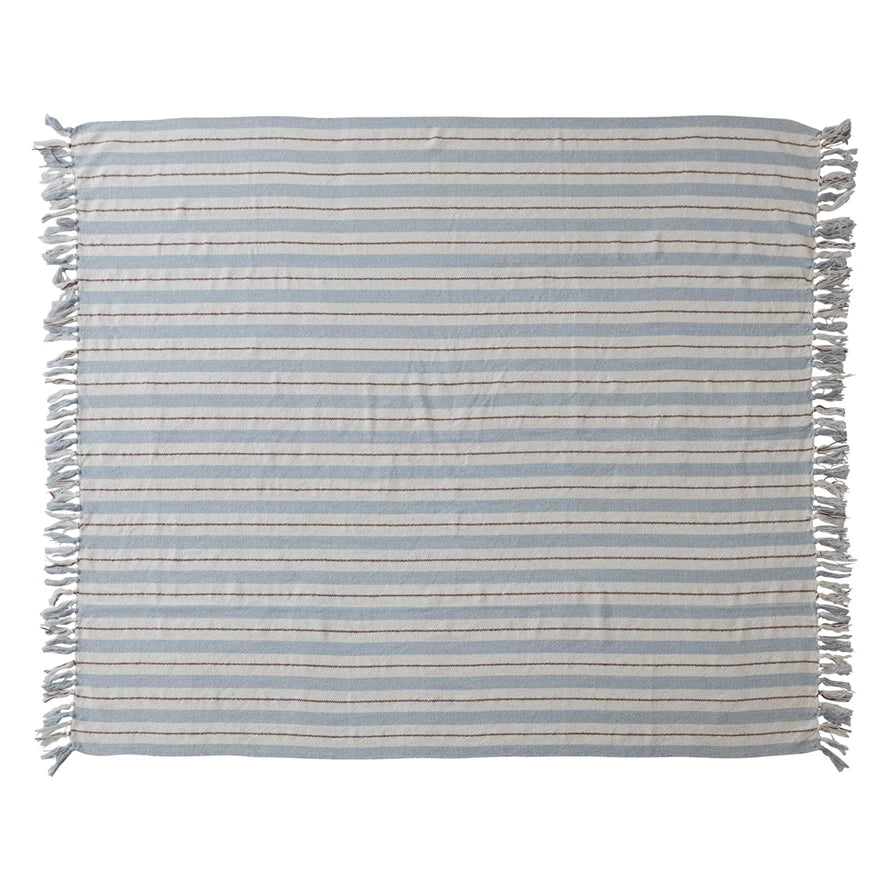 Woven Recycled Cotton Blend Striped Throw with Fringe