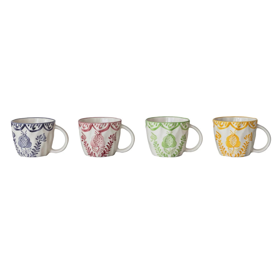 Hand-Painted Stoneware Organic Shaped Mug with Botanical Design, 4 Colors