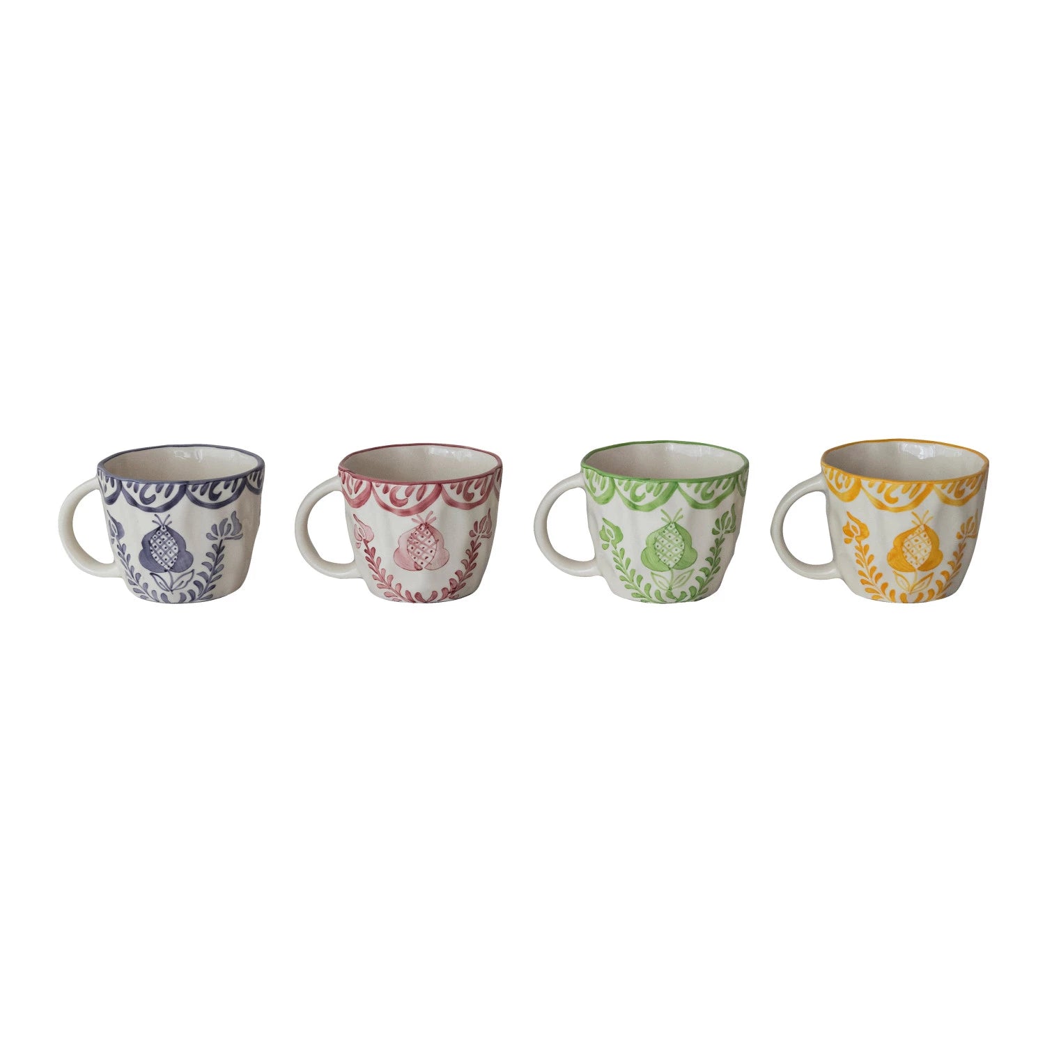 Hand-Painted Stoneware Organic Shaped Mug with Botanical Design, 4 Colors