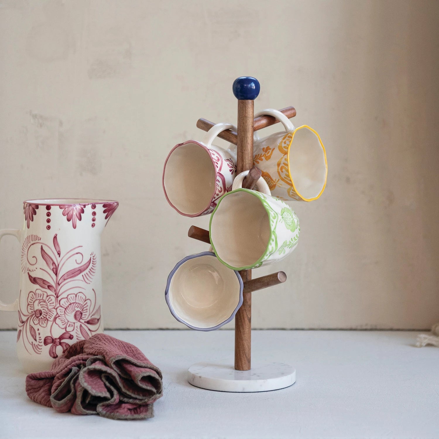 Hand-Painted Stoneware Organic Shaped Mug with Botanical Design, 4 Colors