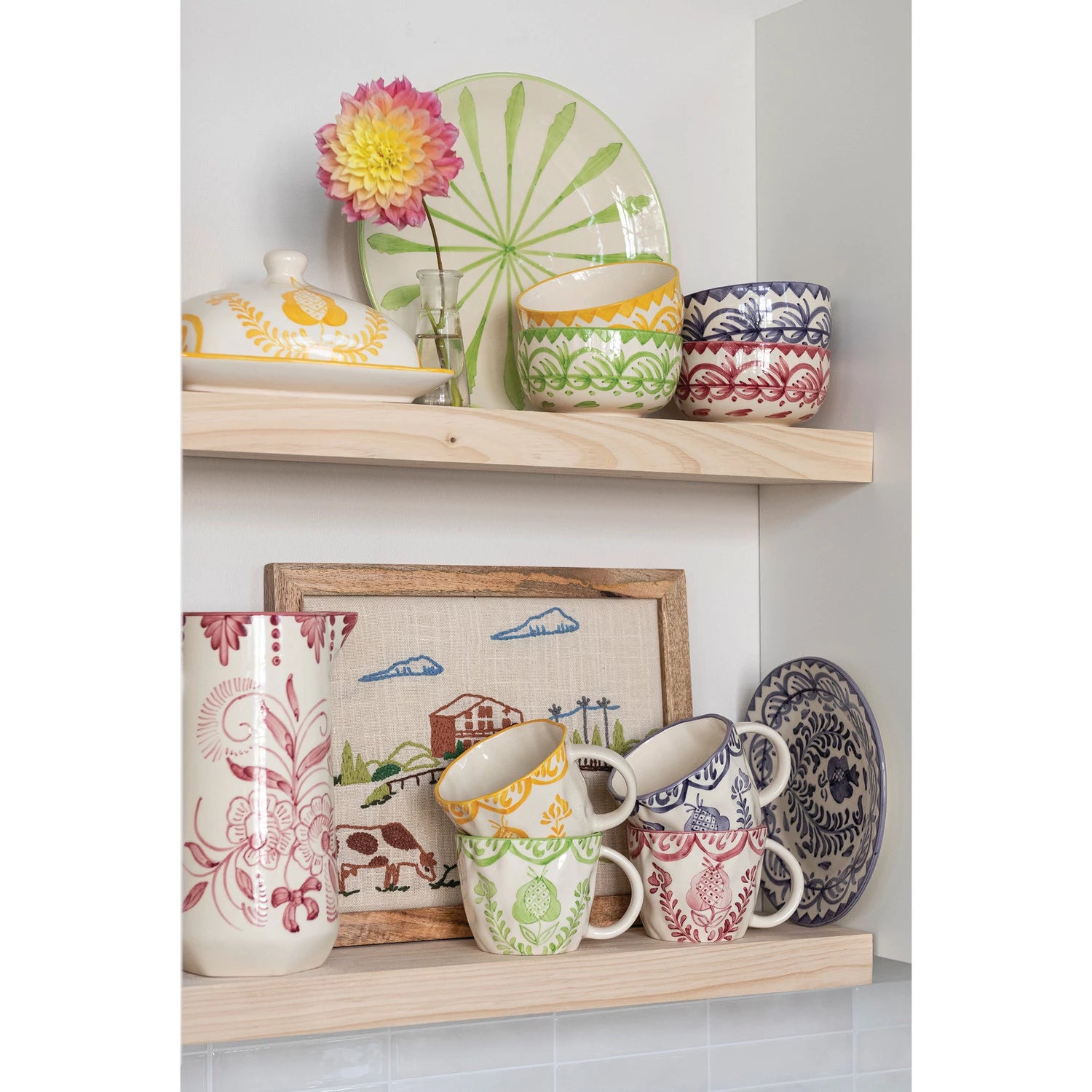Hand-Painted Stoneware Organic Shaped Mug with Botanical Design, 4 Colors