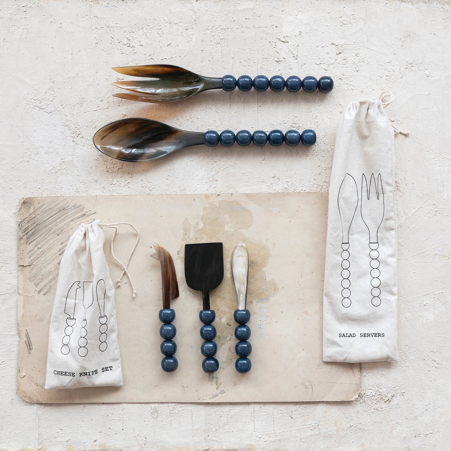 Natural Horn Salad Servers with Resin Handles, Set of 2