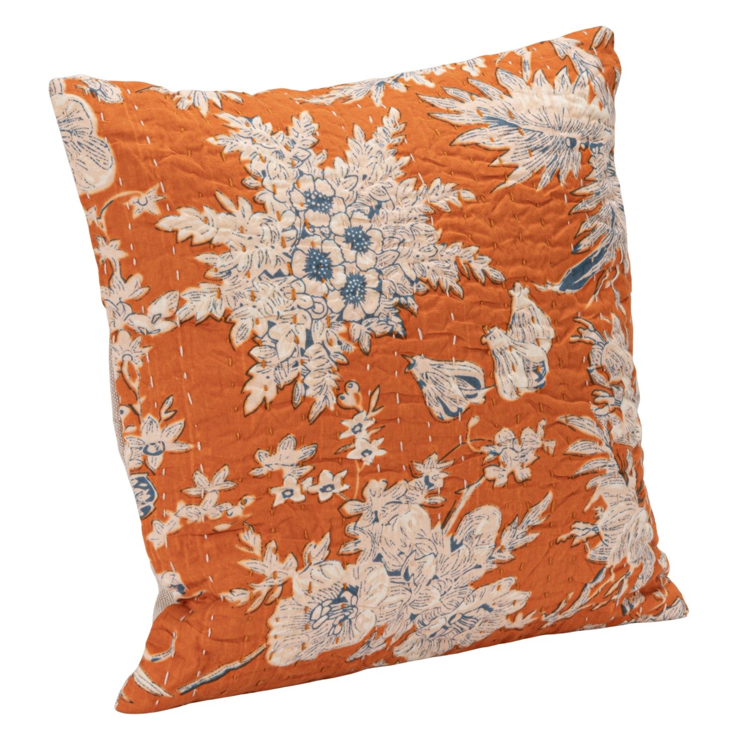 12" Square Cotton Voile Pillow with Florals, Hand-Embroidered Kantha Stitch & Chambray Back