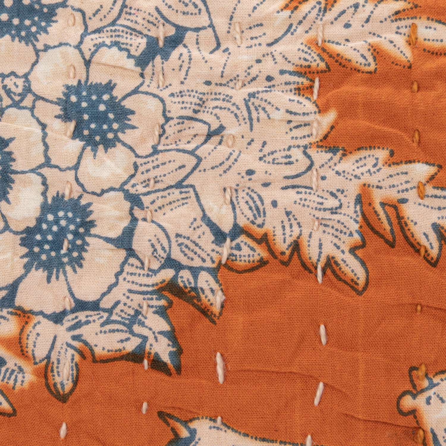 12" Square Cotton Voile Pillow with Florals, Hand-Embroidered Kantha Stitch & Chambray Back