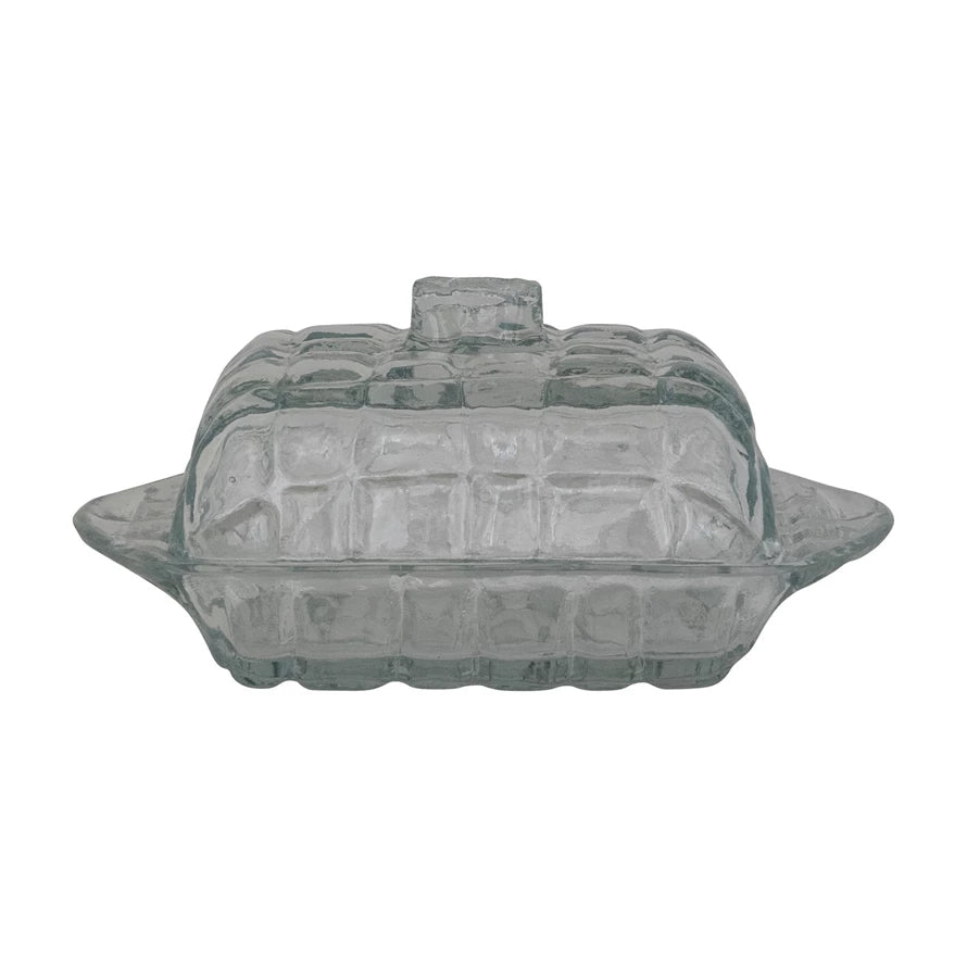 Pressed Glass Butter Dish with Grid Pattern