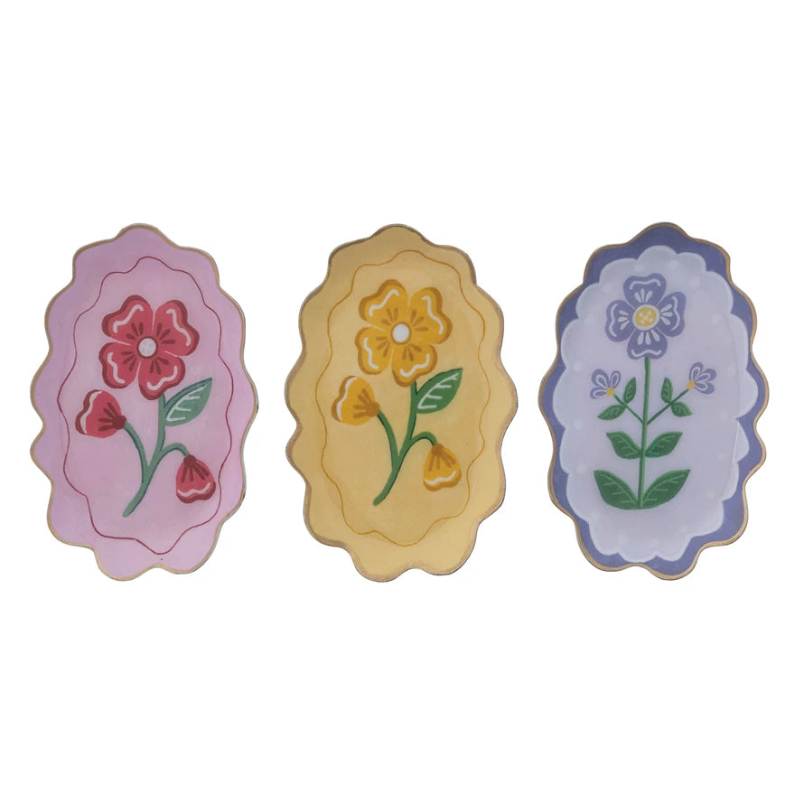 Enameled Metal Scalloped Tray with Flower & Gold Edge, 3 Styles