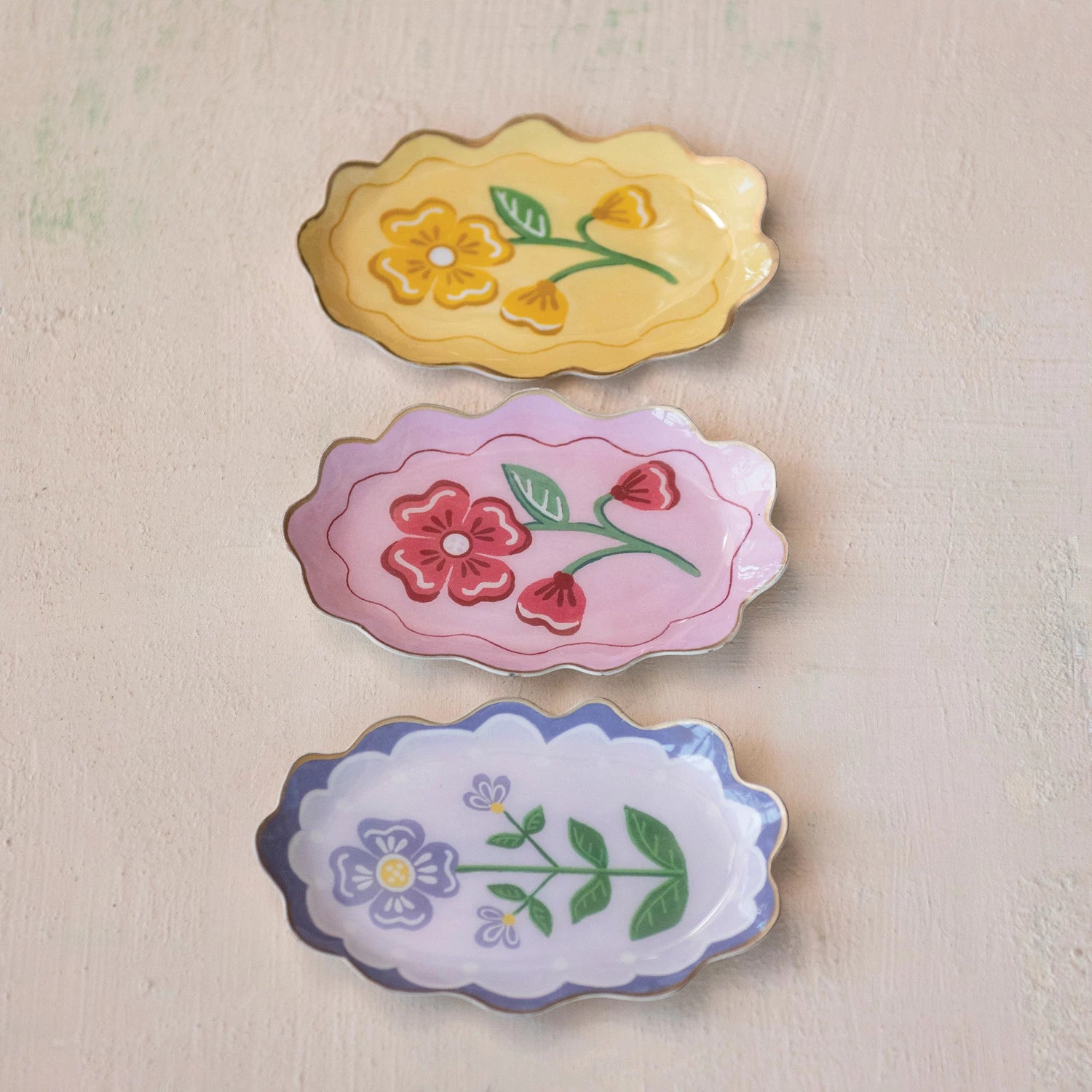 Enameled Metal Scalloped Tray with Flower & Gold Edge, 3 Styles