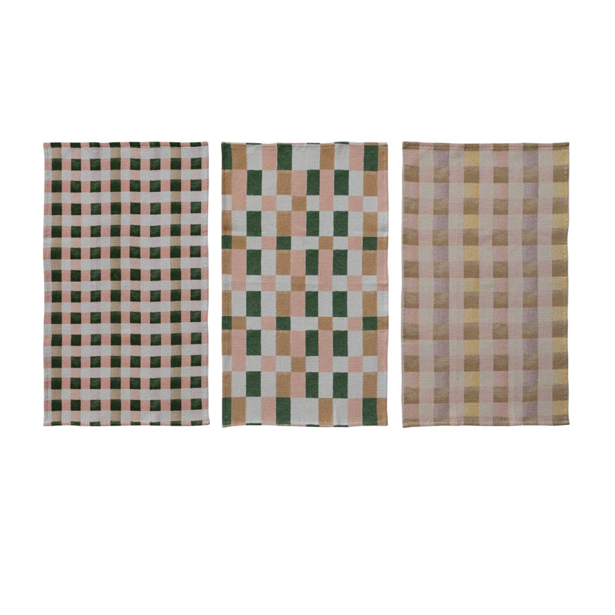 Cotton Blend Waffle Weave Tea Towel with Check and Plaid Pattern, 3 Styles
