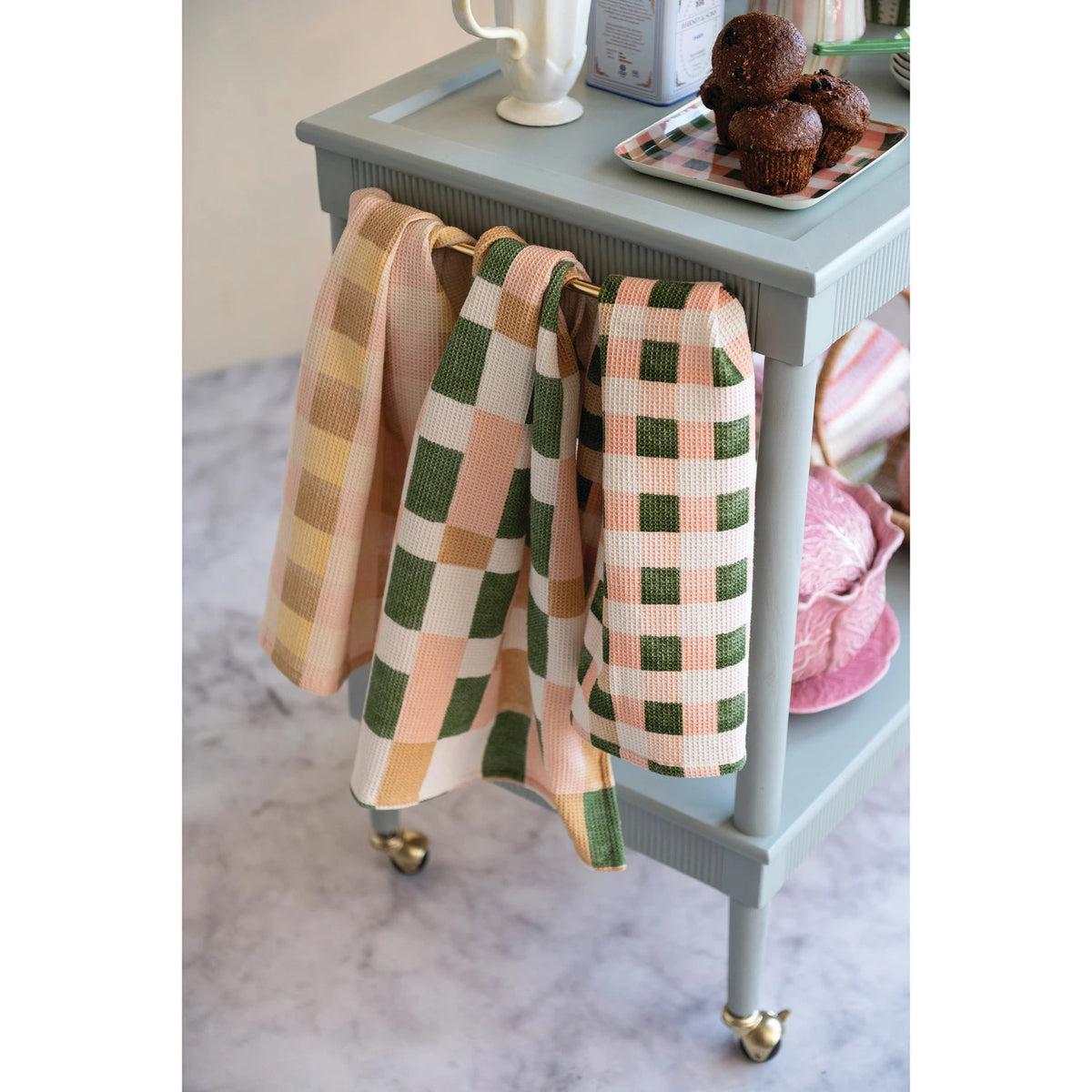 Cotton Blend Waffle Weave Tea Towel with Check and Plaid Pattern, 3 Styles