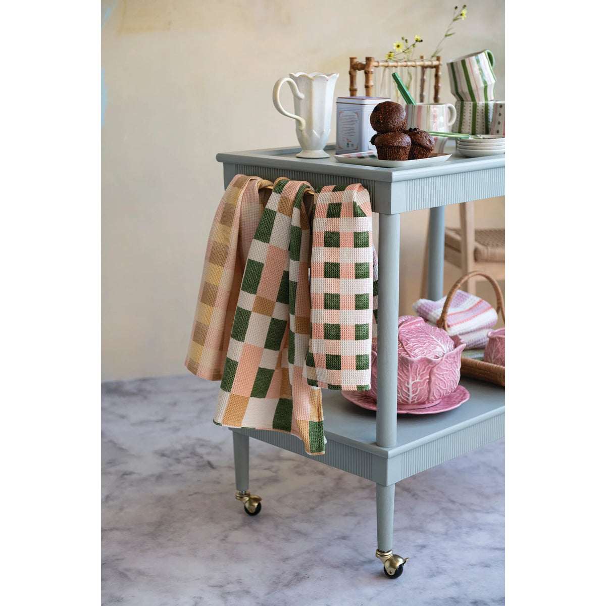 Cotton Blend Waffle Weave Tea Towel with Check and Plaid Pattern, 3 Styles