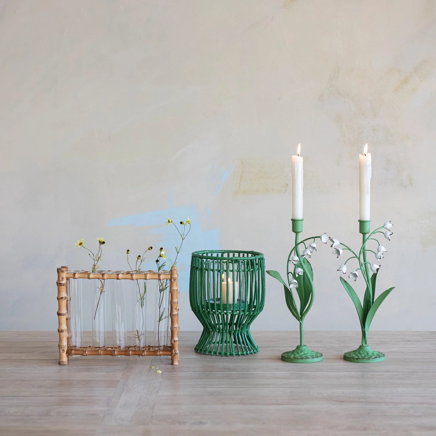 Hand-Woven Rattan Lantern with Glass Insert, Green