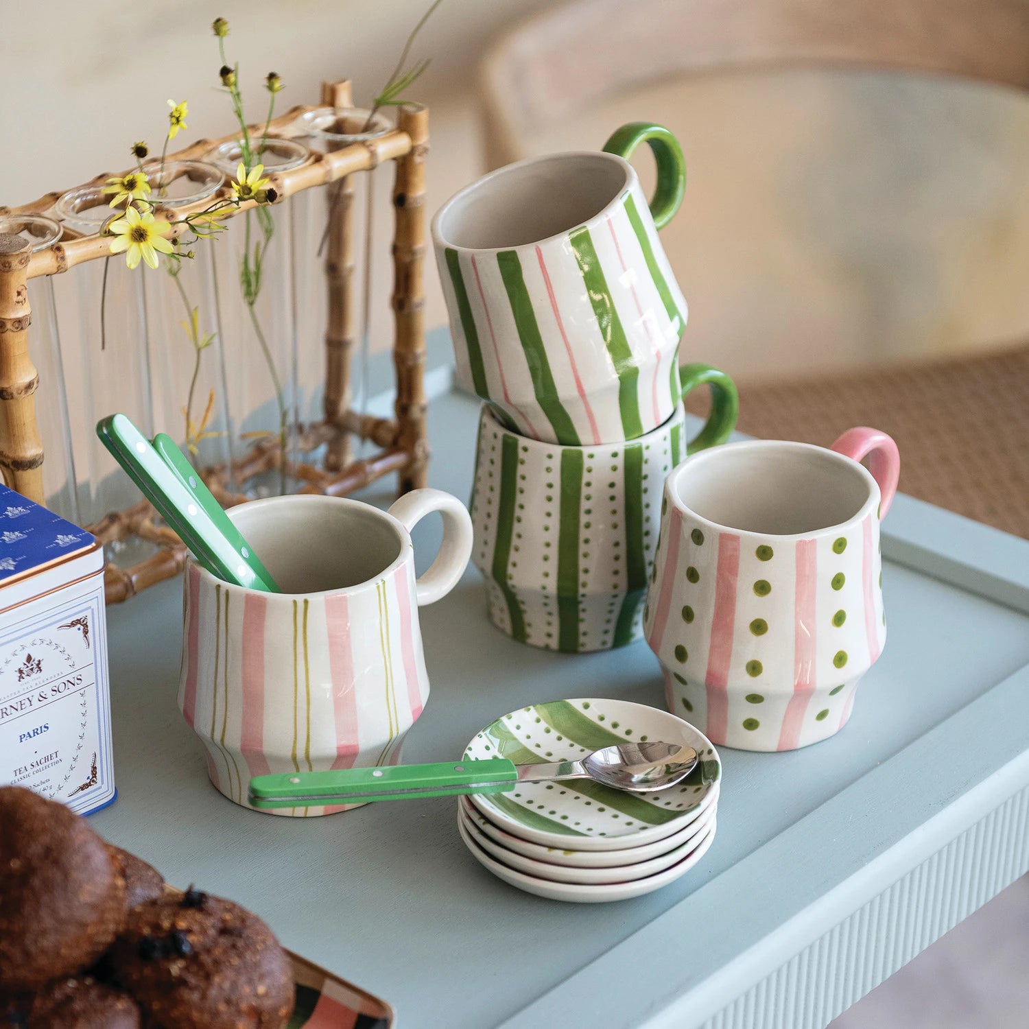Hand-Painted Stoneware Mug with Striped Pattern, 4 Styles