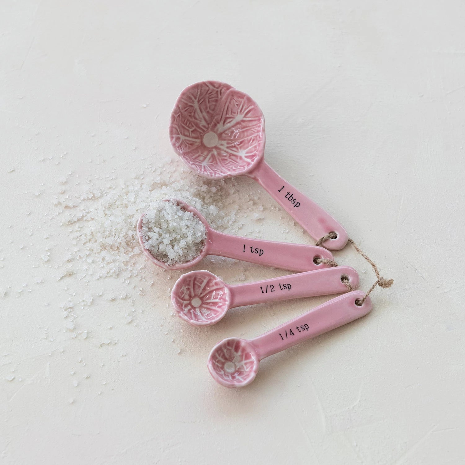 Stoneware Cabbage Shaped Measuring Spoons, Pink, Set of 4, Tied with Jute
