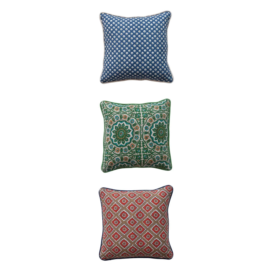 Square Cotton Slub Pillow with Block Print Pattern & Piping, 3 Styles