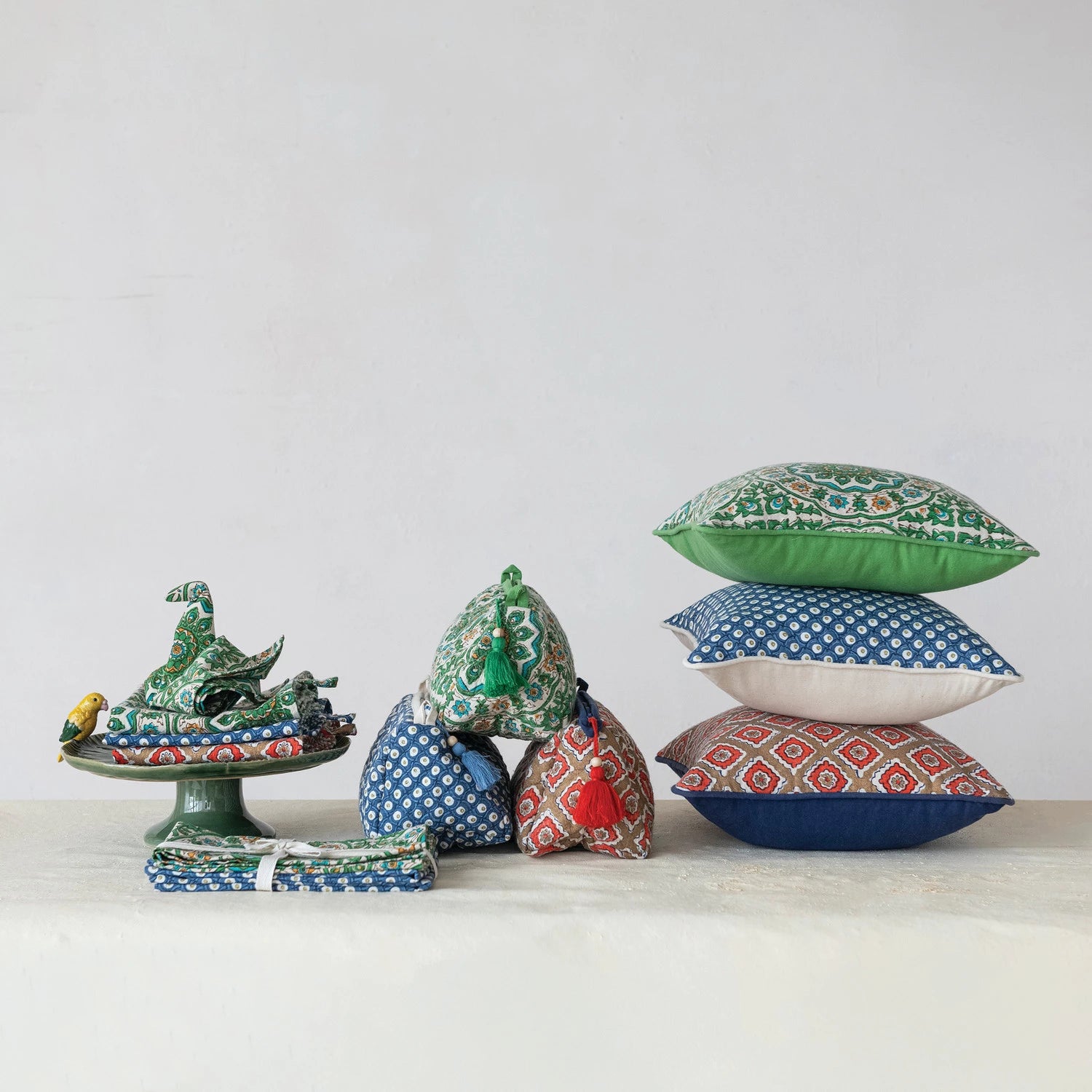 Square Cotton Slub Pillow with Block Print Pattern & Piping, 3 Styles