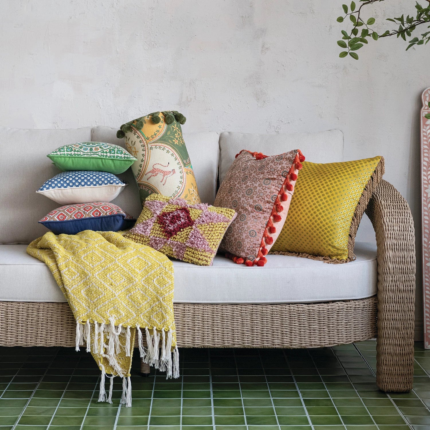 Square Cotton Slub Pillow with Block Print Pattern & Piping, 3 Styles