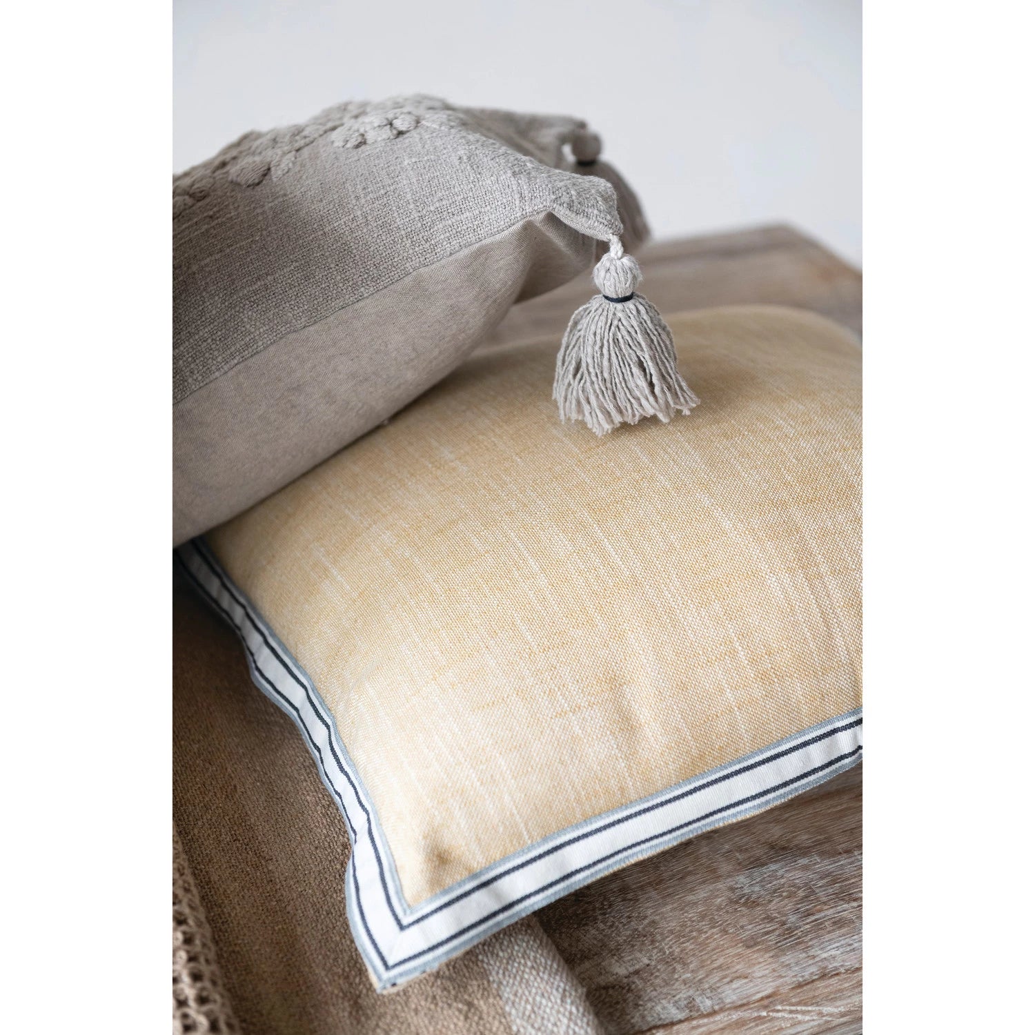 Square Woven Cotton Pillow with Striped Flange Edge